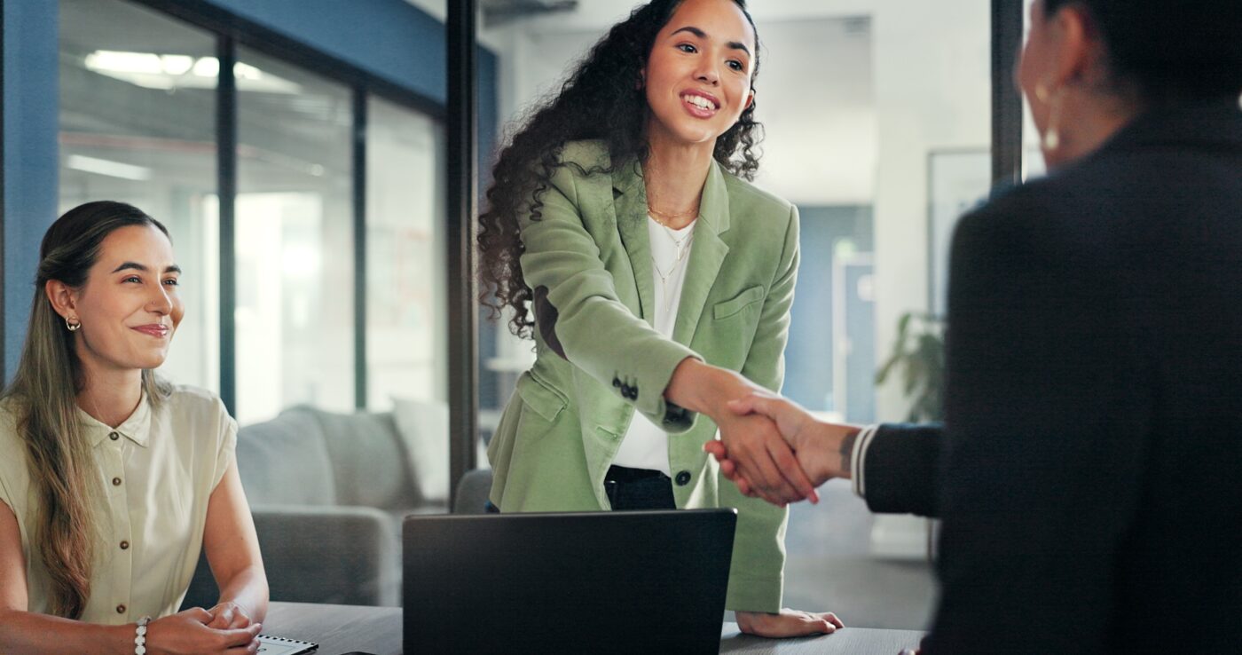 Business applause, acquisition handshake and people celebrate investment, b2b contract deal or merg